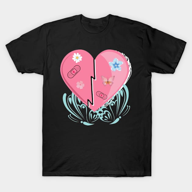 broken heart healing with daisies, flowers and band-aids T-Shirt by badrhijri